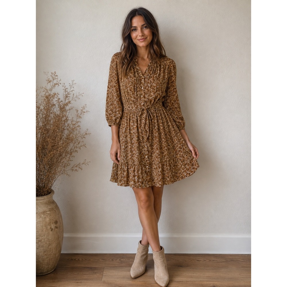 DÔEN Dress Doen Womens Small Brown Floral Button Front Midi Belted Boho Trapeze